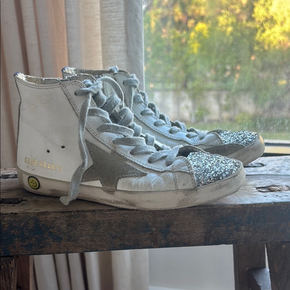 Golden Goose White and Silver Distressed Sneakers